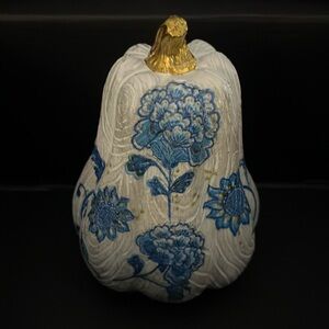 Pumpkin Decoupage Blue & White Pattern with Gold Stem